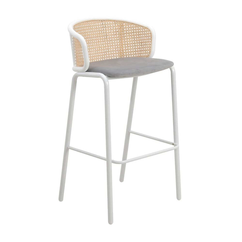 Ervilla Mid-Century Modern Low-Back Wicker Bar Stool with Soft Fabric Seat and White Powder-Coated Steel Frame, Counter Chair