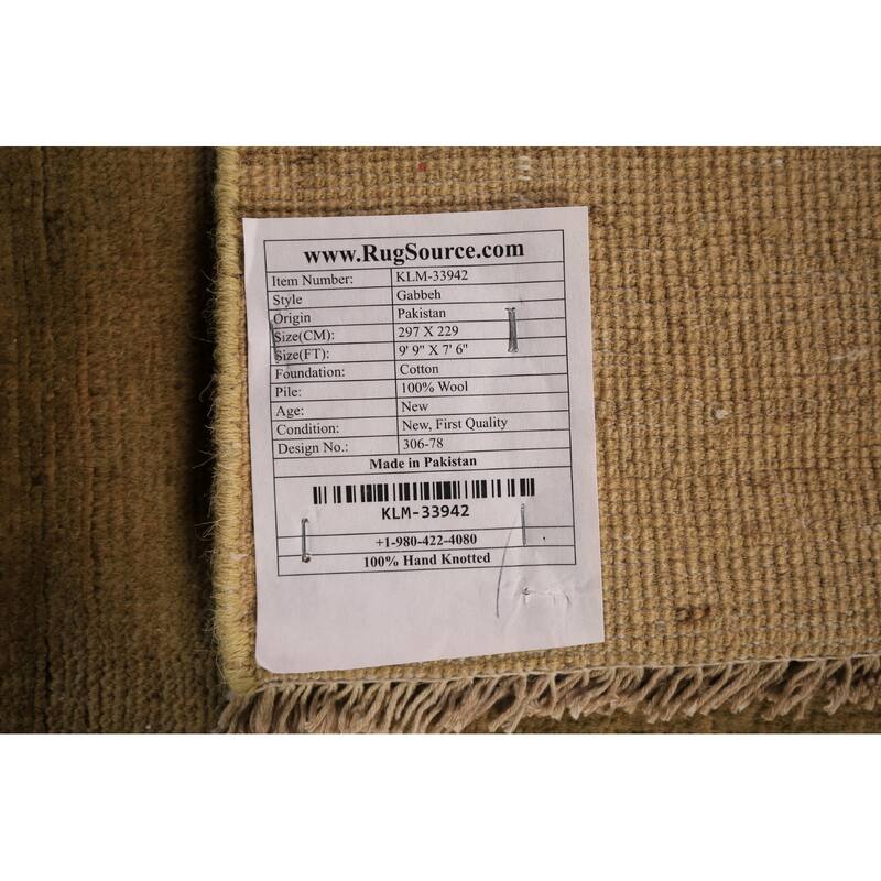 Modern Gabbeh Oriental Area Rug Hand-Knotted Green Wool Carpet - 7'5" x 9'9"