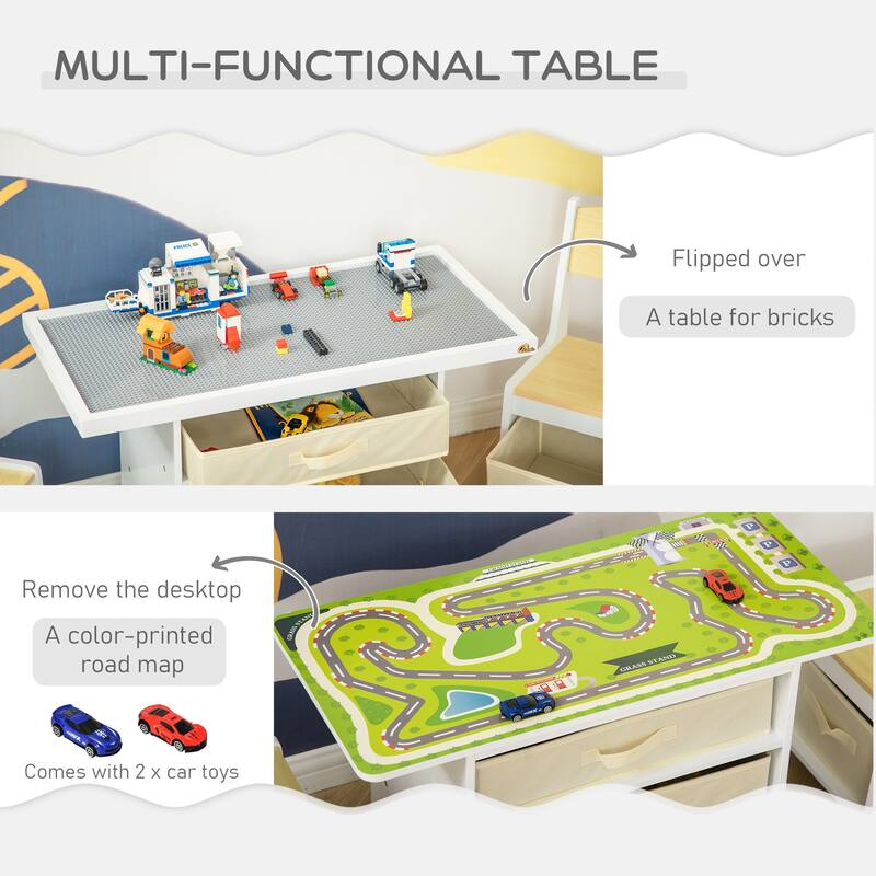 Kids Table and Chair Set with Triple Activity Top Whiteboard Road Map and Building Block Surface for Ages 2 to 5
