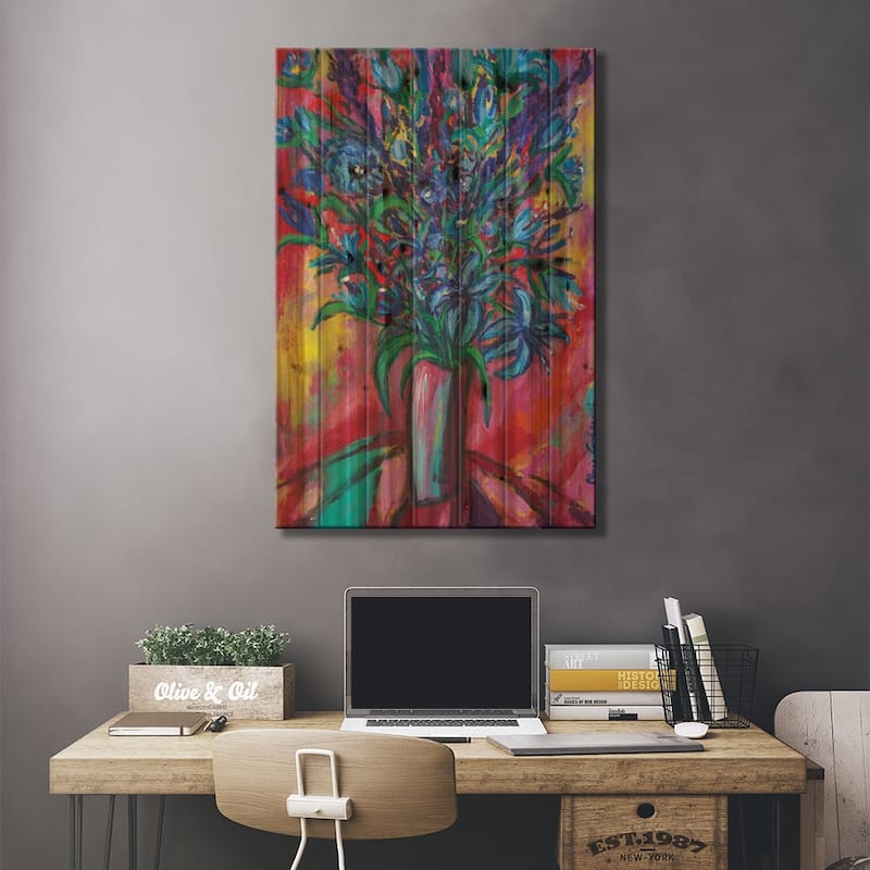 Blue Flowers Print On Wood by Peris Carbonell - Multi-Color