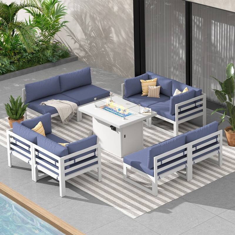 9-Piece Modern Aluminum Outdoor Furniture Set With Fire Pit Table Propane/Gas 60,000 BTU, Extra Large Aluminum Patio Sectional - White Frame - Denim Blue