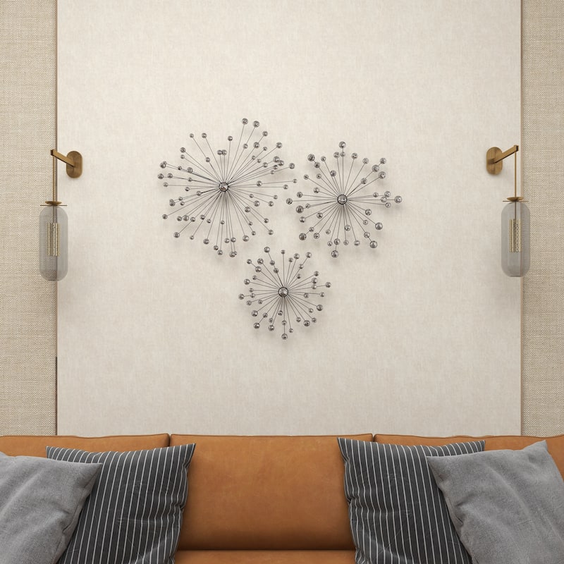 Black Metal Sunburst Home Wall Decor with Crystal Embellishment (Set of 3)