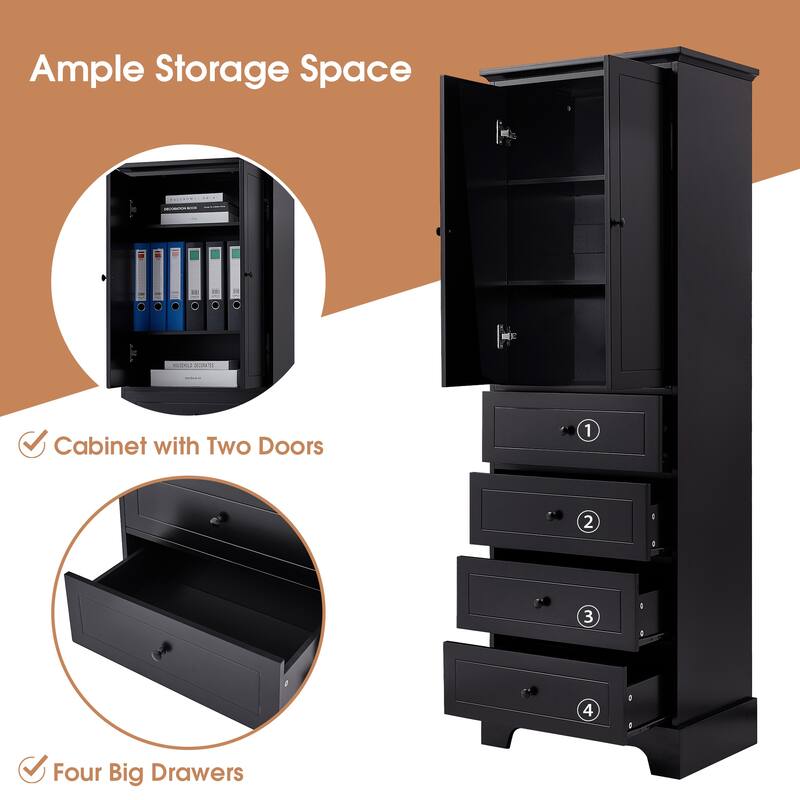 Freestanding White Bathroom Cabinet with 4 Drawers and 2 Doors, Adjustable Shelf, Waterproof MDF Storage Unit