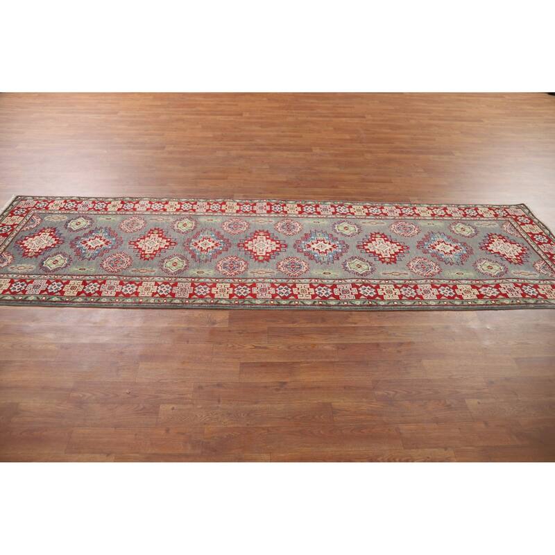 Gray Geometric Kazak Runner Rug Handmade Wool Carpet - 2'9" x 9'7"