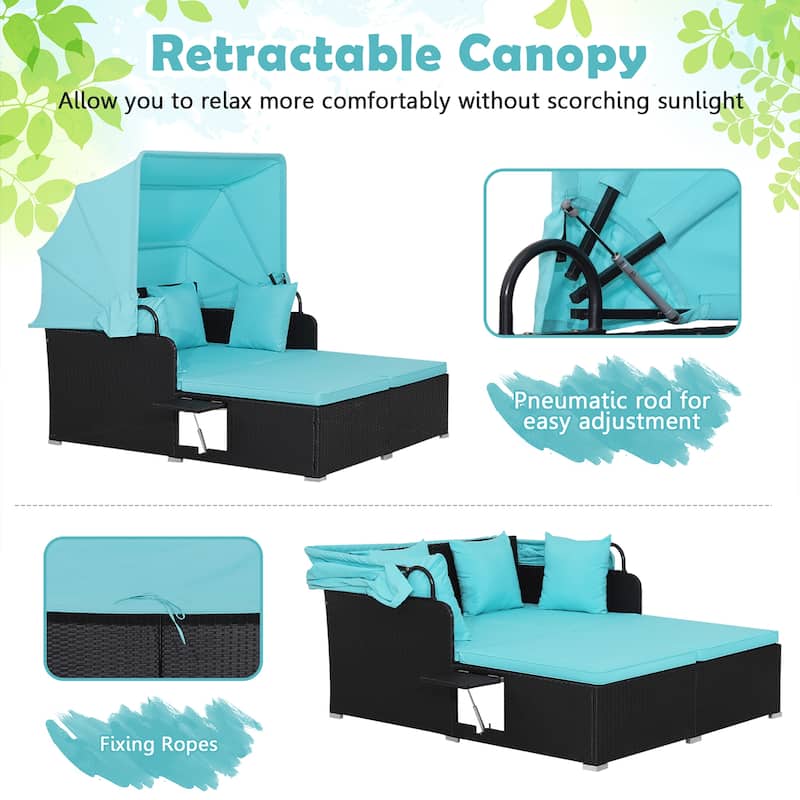 Costway Patio Rattan Daybed Lounge Retractable Top Canopy Side Tables - See Details