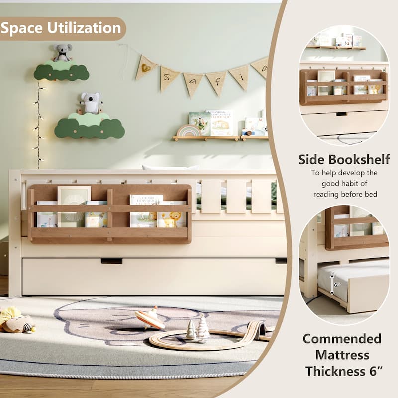 Roomfitters Floor Bed with Bookshelf and Trundle, Low Profile Frame with Step Entry