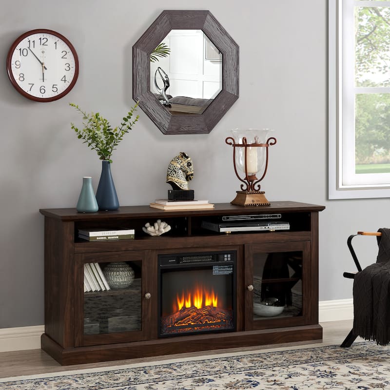Entertainment Center with Electric Fireplace, Wood TV Stand with Glass Door, Media Console Table with Open Shelves