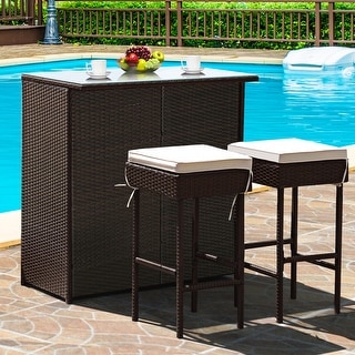 Costway 3PCS Patio Rattan Wicker Bar Table Stools Dining Set Cushioned - 3-Piece Sets
