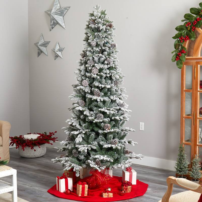 7.5ft Flocked Christmas Tree with Lights - Slim Pencil Artificial Tree, Pre-Lit Holiday Decor - White - 84