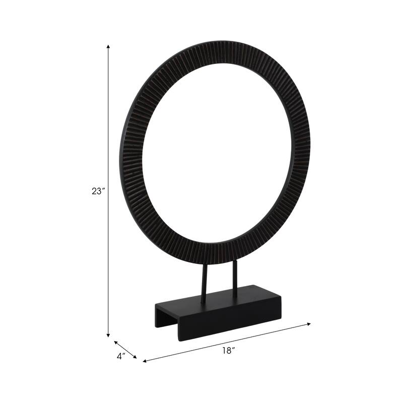 Wood and Iron Ring Sculpture on Base with Modern Grooved Texture