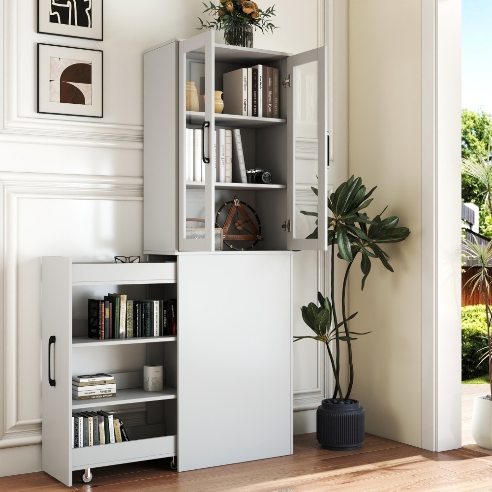 Modern Wooden Bookshelf Display Storage Cabinet with Multi-tier Shelves and 2 Glass Doors