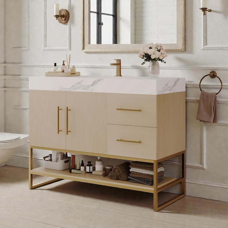 36 Inch Modern Bathroom Vanity with Seamless Ceramic Sink, Freestanding Cabinet with Gold Accents and Storage