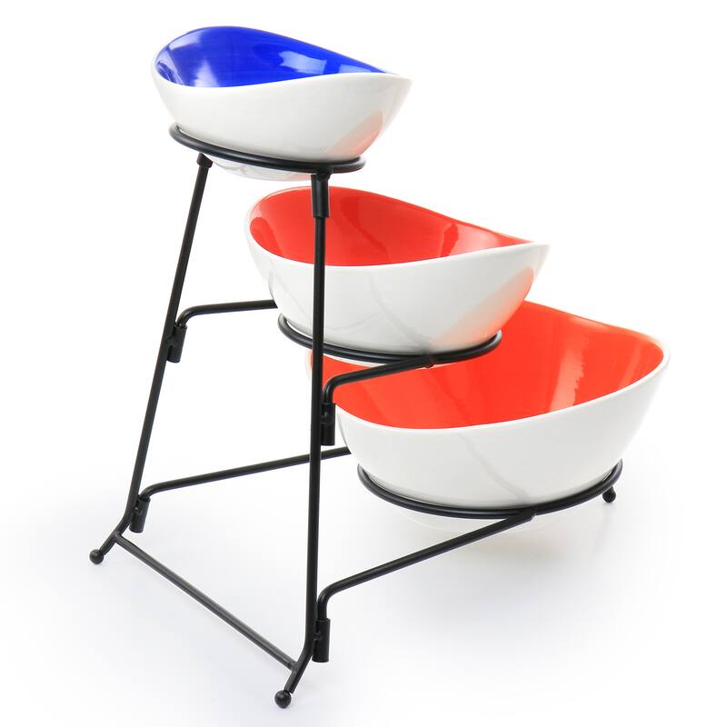 4 Piece Hand Painted Stoneware 3-Tier Serving Bowl Set with Metal Rack
