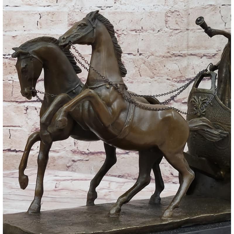 Roman Caesar Pulled By Horses On Chariot Bronze Statue Sculpture Figure 11 Inches X 17 Inches