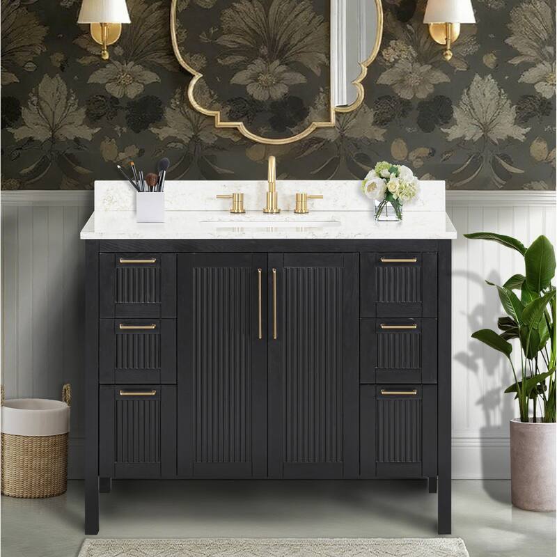Luka Bathroom Vanity in Black Oak with Alluring Quartz Top - 43"W x 22"D x 35"H
