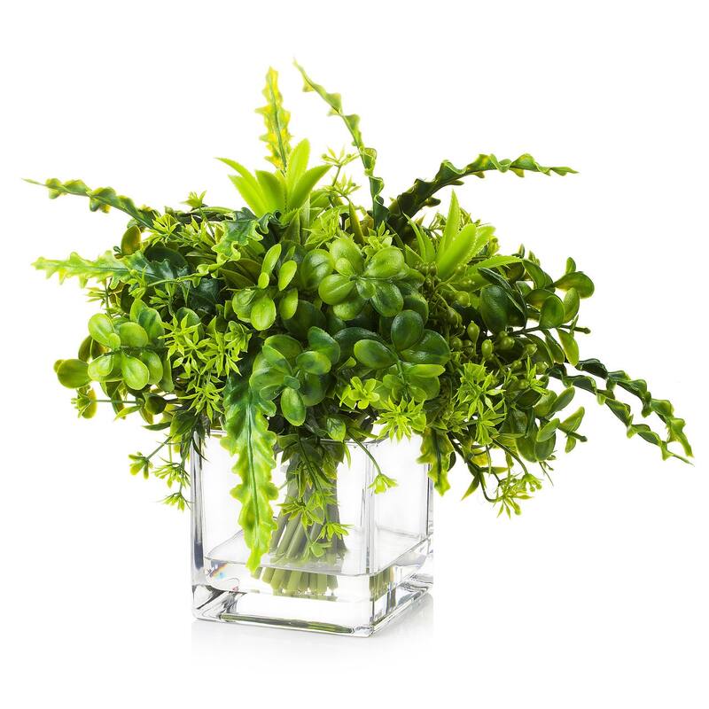 Enova Home Artificial Mixed Greenery Foliage Plant in Clear Glass Vase Small Fake Plants Indoor Greenery Tabletop Decor