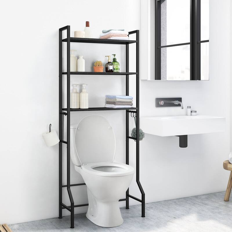 3 Tier Above Toilet Storage Rack for Bathroom with Metal Frame and Hooks - Black
