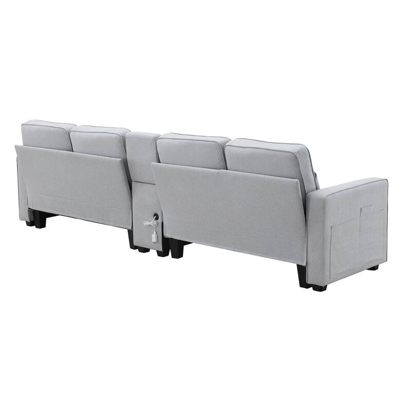 Linen Straight Row Sectional Sofa w4 Pillows, Console, Wired or Wirelessly Charged, Side Pockets, 2 Cupholders and 2 USB Ports