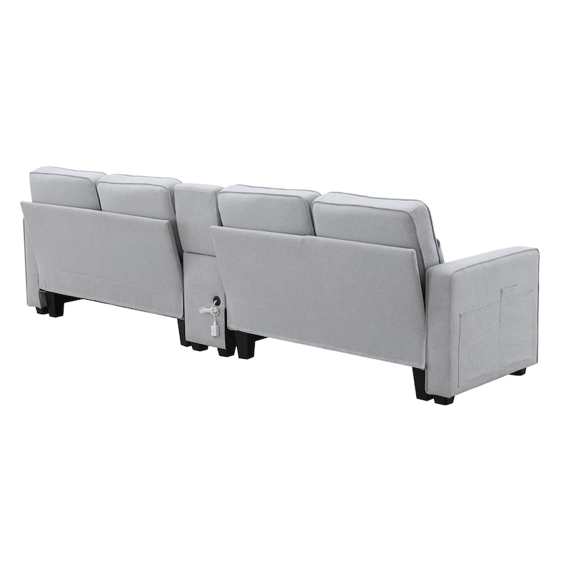 Modern 4-Seat Sofa with Console, Wireless Charging, 2 Cupholders, and 4 Pillows, Upholstered in Linen Fabric
