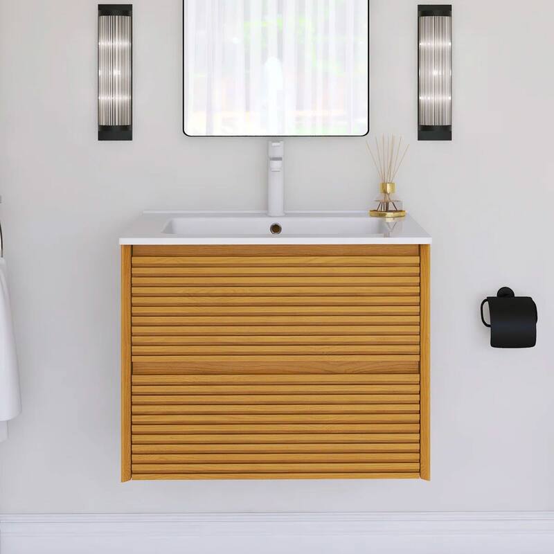 Wall-Mounted Bathroom Vanity with White Ceramic Sink - 24.02'' x 18.31'' x 20.4'' - Oak