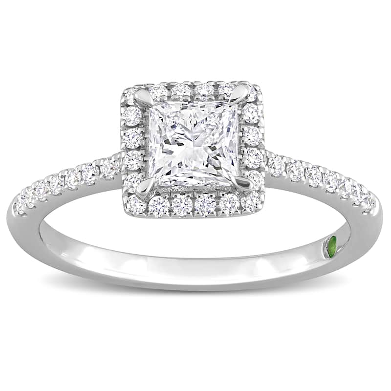 Miadora 1ct TDW Princess-Cut Lab-Grown Diamond Tsavorite Accent Halo Engagement Ring 14k White Gold