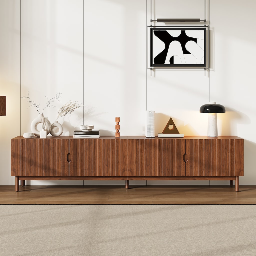 87" Modern TV Stand for TVs up to 90", Solid Wood Legs & Vertical Groove Design