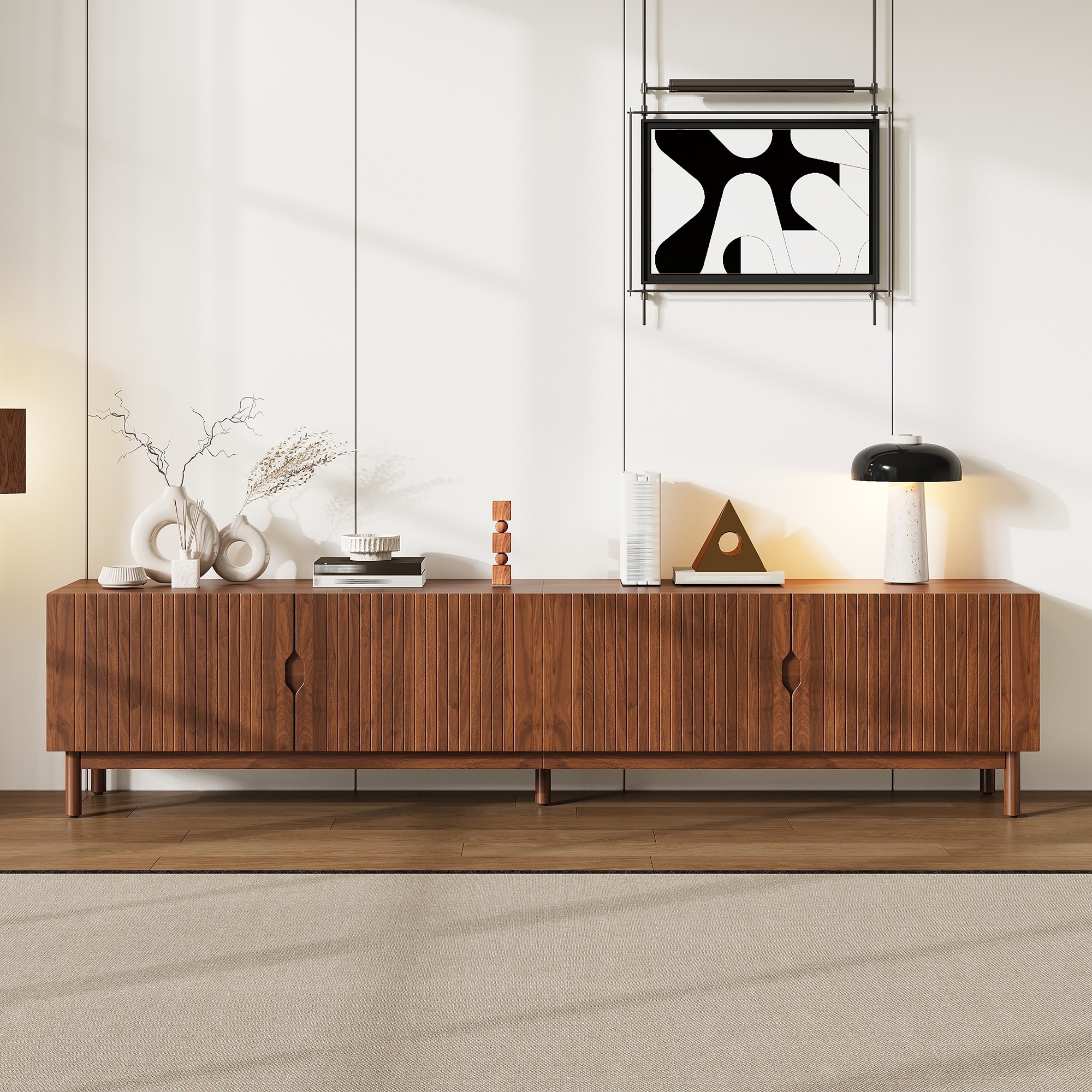 87" Modern TV Stand for TVs up to 90", Solid Wood Legs & Vertical Groove Design