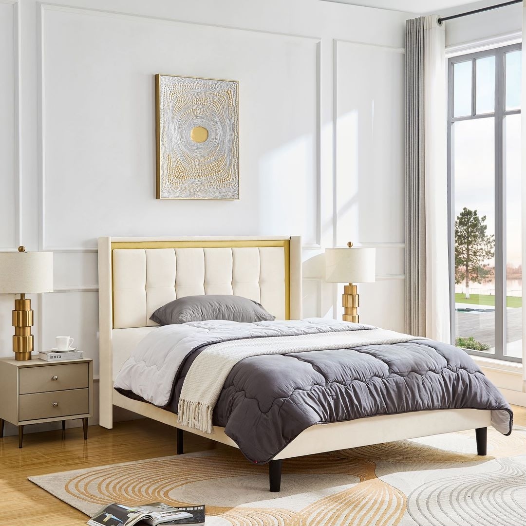 Queen Size Platform Bed Frame High Tufted Headboard Wood Slat