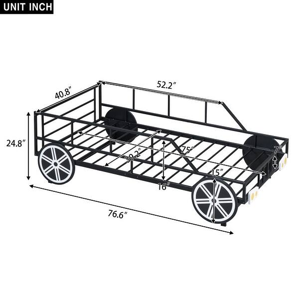Metal Twin Size Car Bed with Wheels and Headlights Decoration - Playful Design, Sturdy Frame, Safety Guaranteed