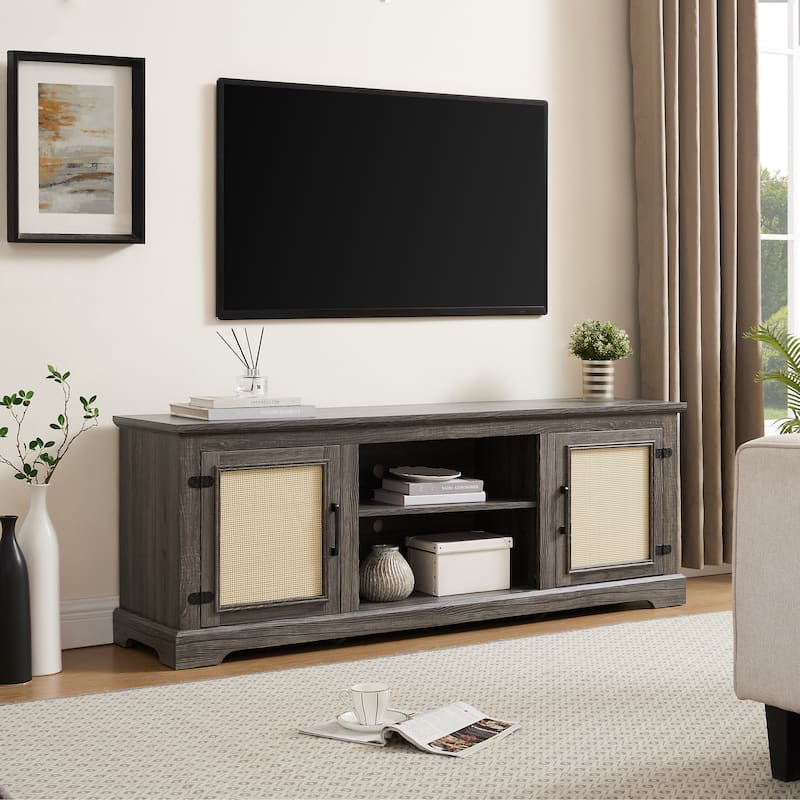 65 TV Stand with Rattan Accents and Ample Storage for 70 TVs
