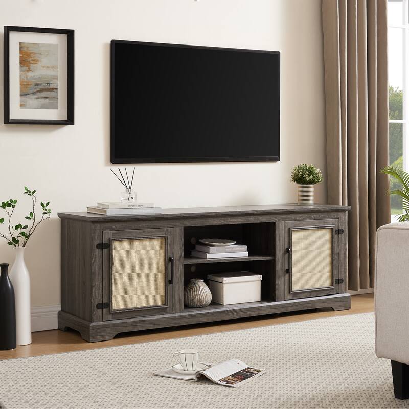 TV Stand for TVs up to 70" with Natural Rattan Doors, 2 Storage Cabinets, 3 Adjustable Shelves, Multifunctional Console Table