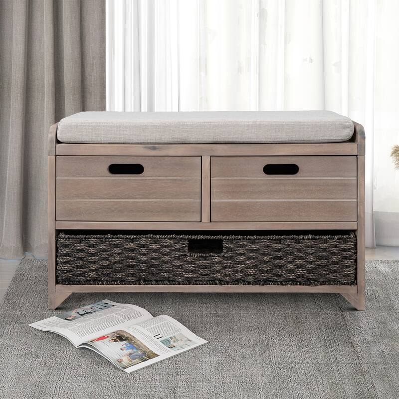 Modern Farmhouse Style Wooden Bench with 2 Drawers and a Woven Storage Basket - White Washed Brown