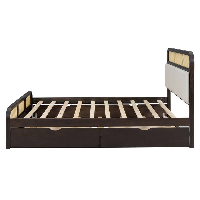 Espresso Modern Queen Size Wooden Platform Bed with Trundle and 2 Drawers for Bedroom