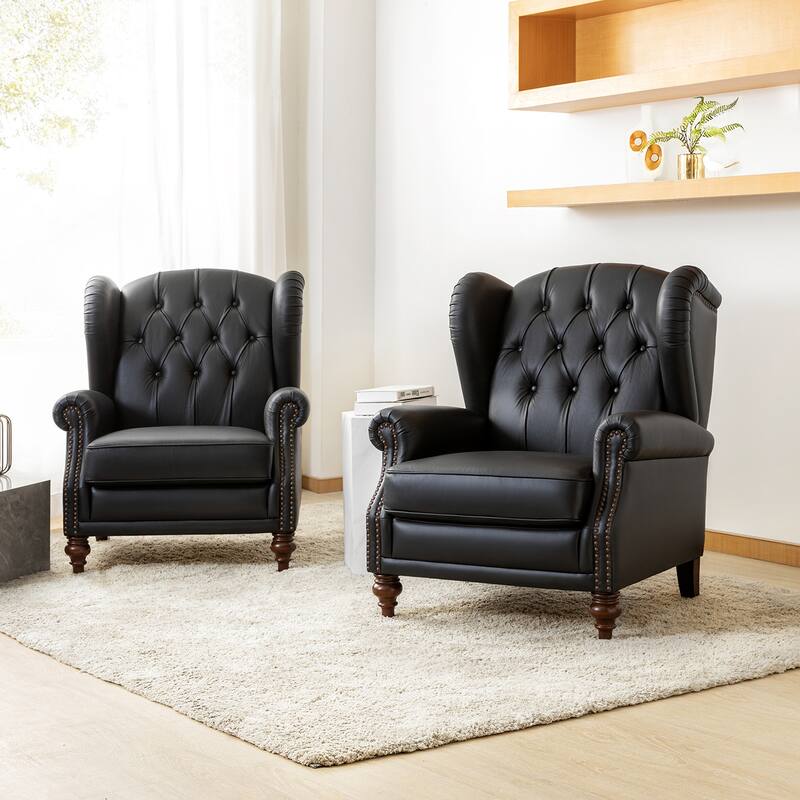 Alex Classic Wingback Leather Armchair with Nailhead Trim Set of 2 by HULALA HOME - Black