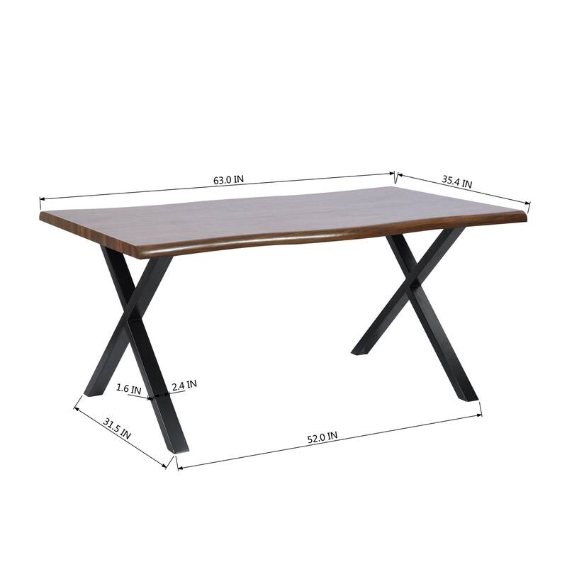 63-inch Live Edge Wood Dining Table with Black X-Frame Metal Legs – Modern Industrial Dining Room Table