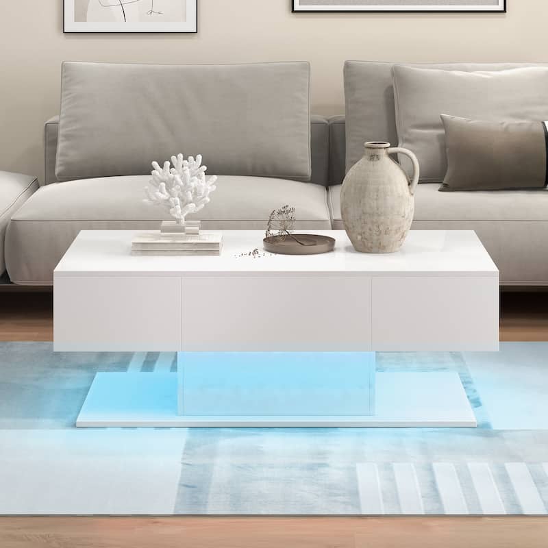 Contemporary Coffee Table with RGB LED Lights and Storage Drawers and Open Shelf Gloss Finish - 43.5" x 23.5" x 16"