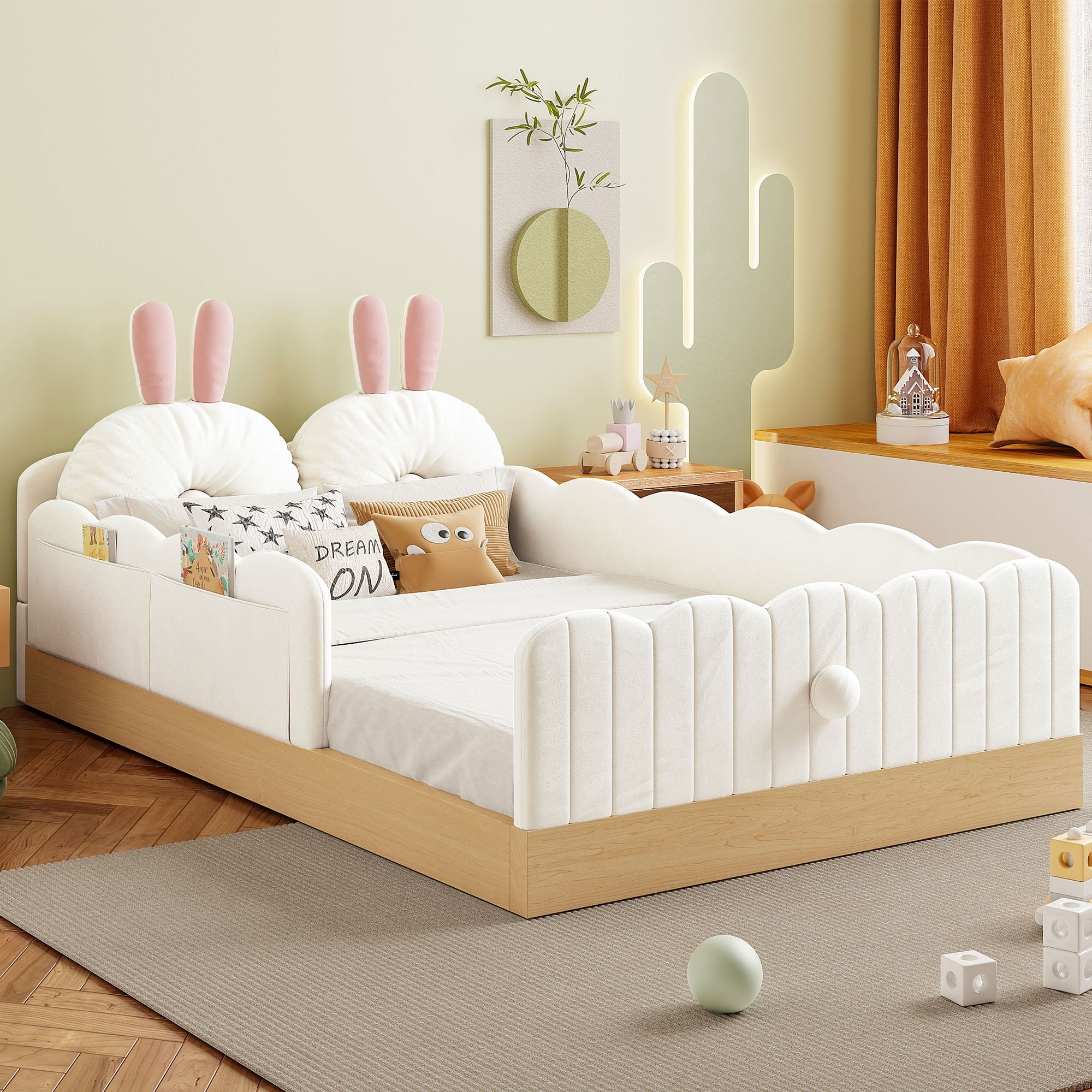 Twin Size Upholstered Bed with Bunny Ear Shape Pillows and Rabbit Tail Footboard, Storage Bags, Wave Frame Platform Bed