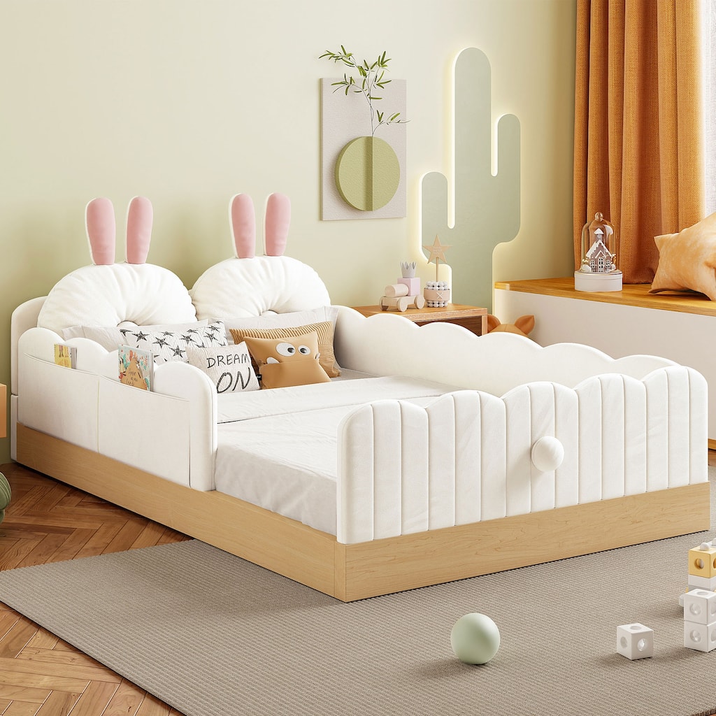 Twin Size Upholstered Bed with Bunny Ear Shape Pillows and Rabbit Tail Footboard, Storage Bags, Wave Frame Platform Bed
