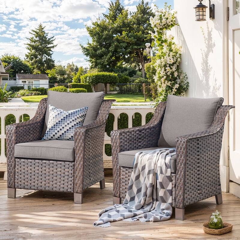 Pocassy All-Weather Rattan Patio Funiture Set - Brown Wicker / Grey Cushion - 2-Piece Patio Chair