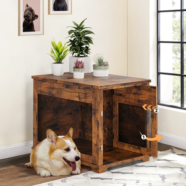 Farmhouse End Table Wooden Pet Crate Dog Kennel Furniture With
