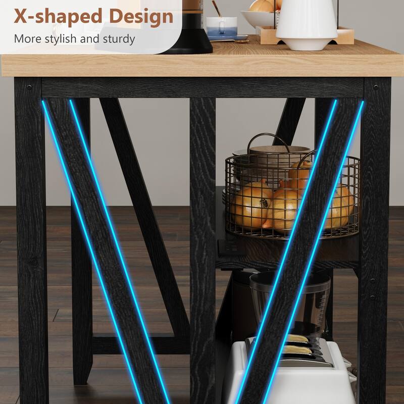 Large Kitchen Island with Storage, Dining Table Set with Power Outlet & LED Lights, 47.2" Coffee Bar Table