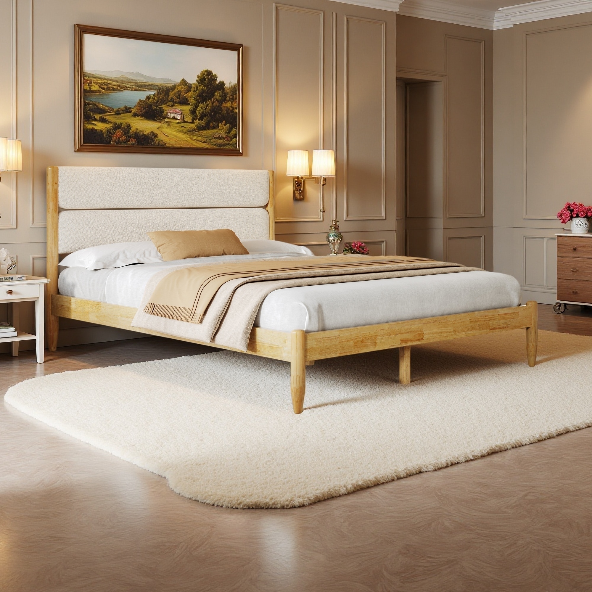 Solid Wood Platform Bed Frame with Fleece Upholstered Headboard