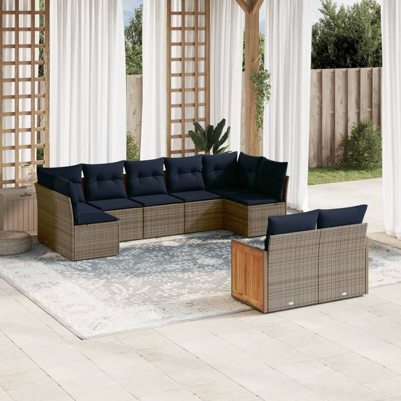 vidaXL 9/10 Piece Patio Sofa Set with Cushions Black/Gray Poly Rattan - 24.4 x 24.4 x 27.2 - Gray Without table