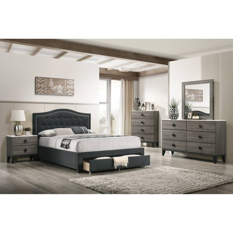 Charcoal Burlap Fabric 1pcs Queen Size Bed w Drawer Button Tufted Arch Design Headboard Storage FB Bedframe Bedroom Furniture