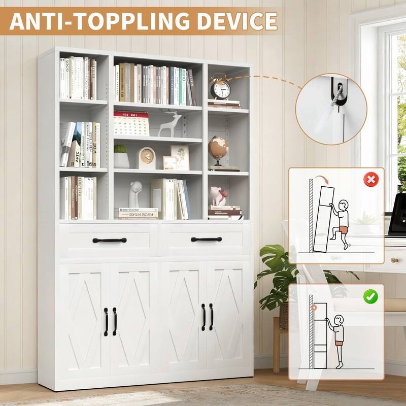 71" Tall Bookcase with Doors, Drawers and Adjustable Open Shelves