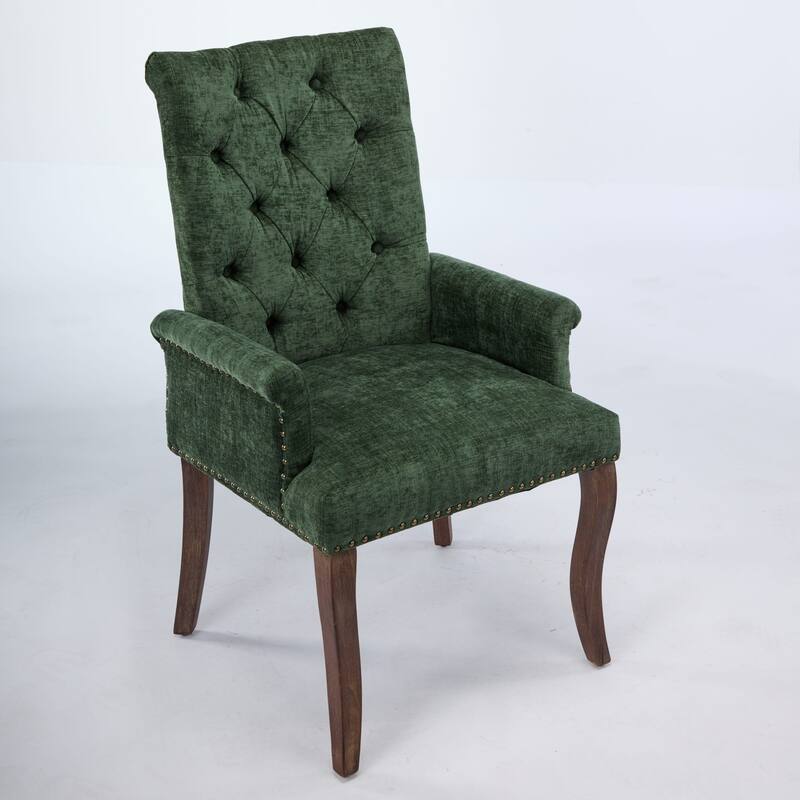 GDF Studio- Chenille Upholstered Dining Chair with Tufted Back & Curved Wood Legs, Single Pack