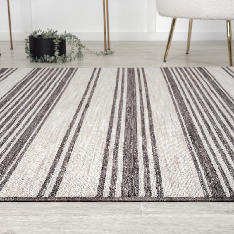 Sevita Ivory/Gray Striped PET Yarn Indoor/Outdoor Area Rug
