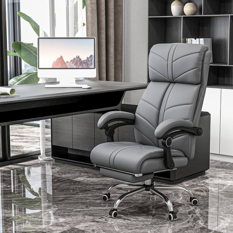 Gray PU Leather Massage Office Chair with Heating Vibration Reclining Backrest Extendable Footrest Ergonomic Swivel
