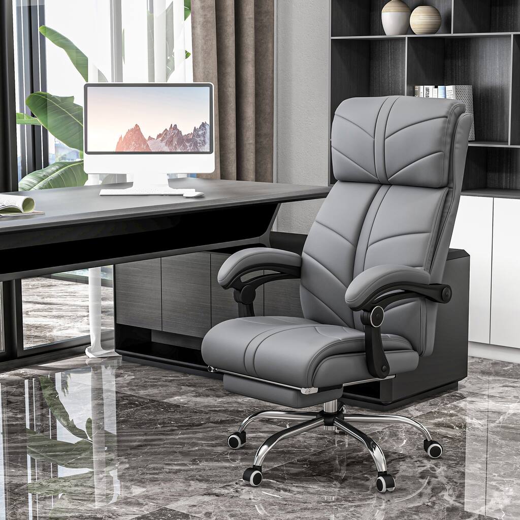 Gray PU Leather Massage Office Chair with Heating Vibration Reclining Backrest Extendable Footrest Ergonomic Swivel