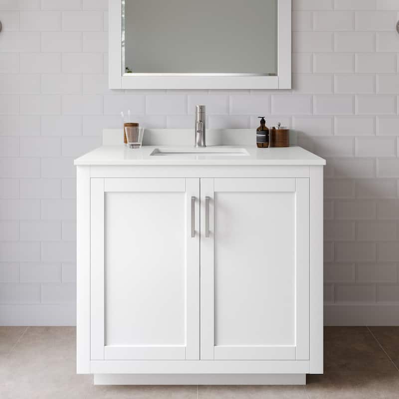 Wyndham Collection WCF292936S-QTZ-UNSM34 Miranda 36" Free Standing - White / White Quartz Top / Brushed Nickel Hardware